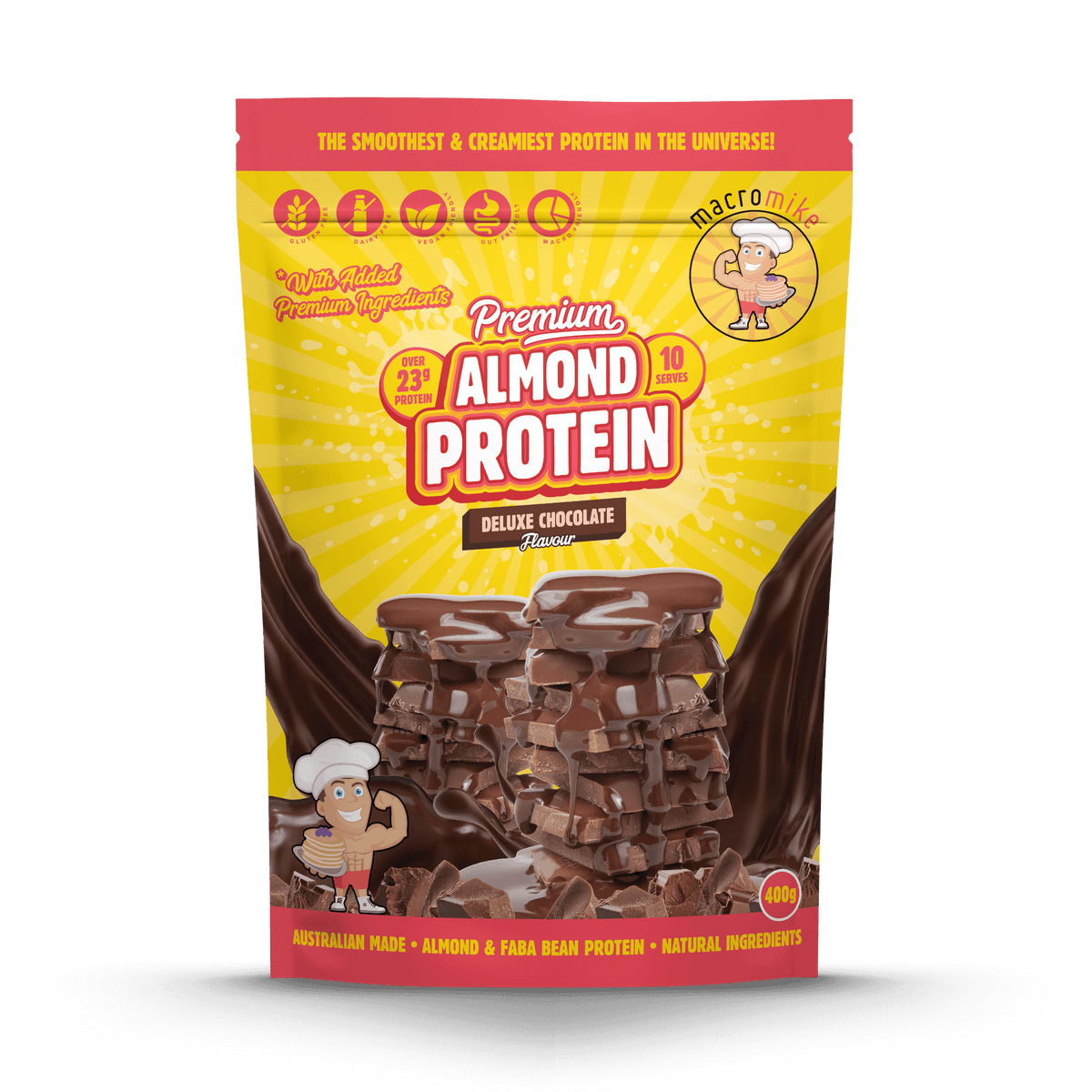 Macro Mike Premium Almond Protein Deluxe Chocolate 400g front