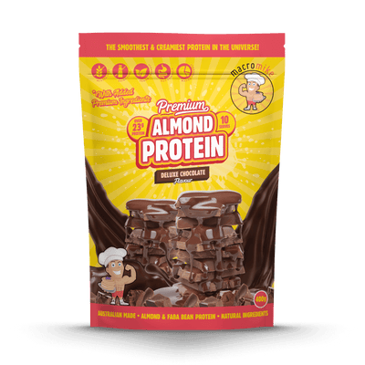 Macro Mike Premium Almond Protein Deluxe Chocolate 400g protein powder, front, NZ Supps
