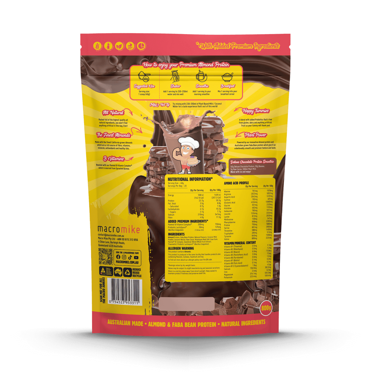 Macro Mike Premium Almond Protein Deluxe Chocolate supplement facts and nutrition panel