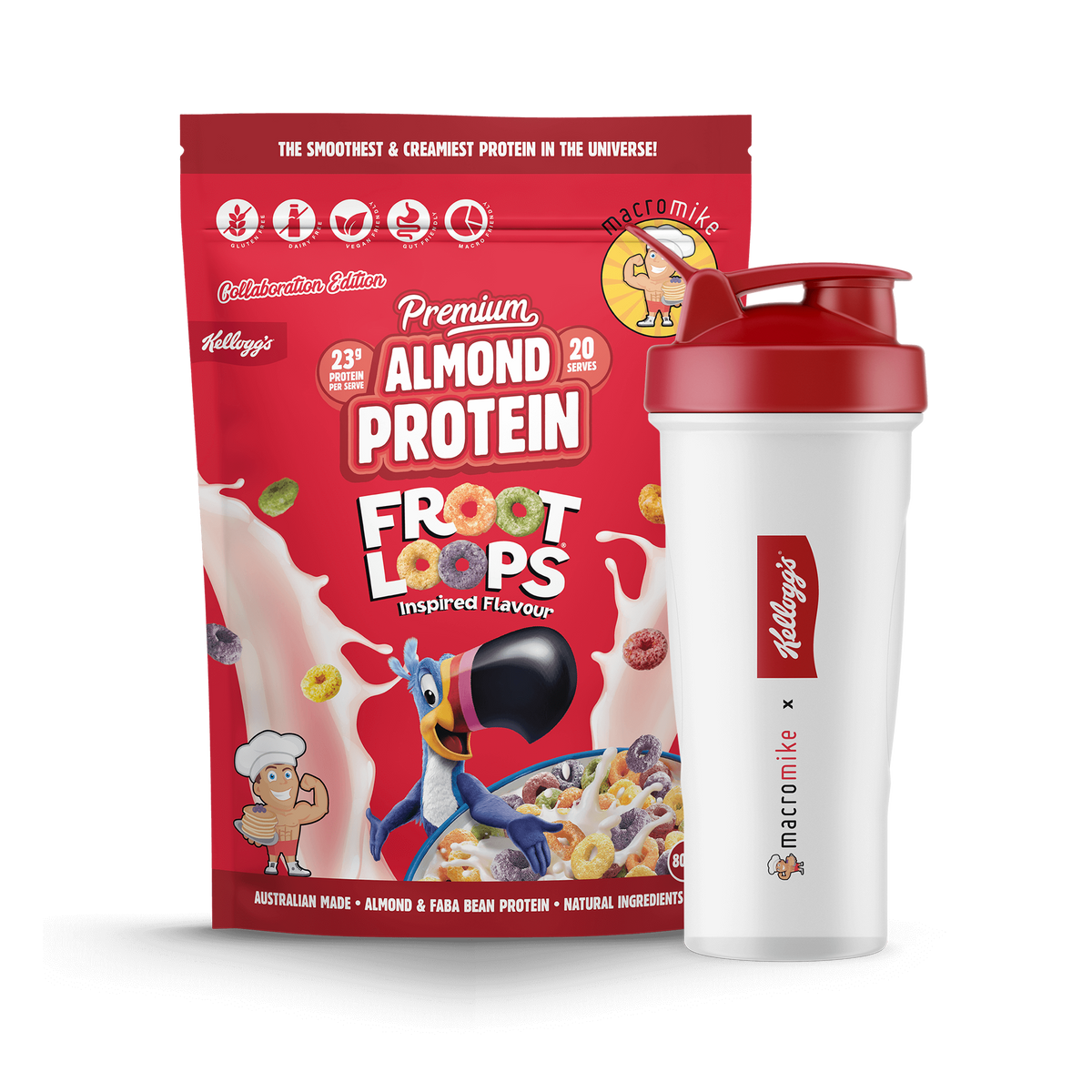 Macro Mike x Kellogg's Premium Almond Protein Froot Loops 800g front with shaker