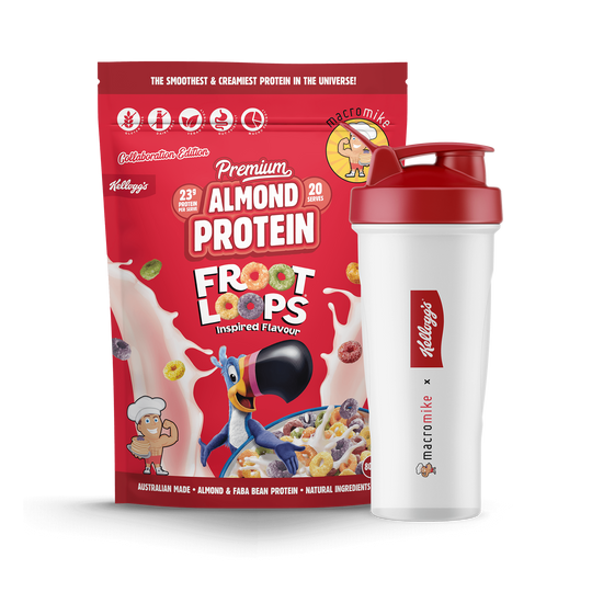 Macro Mike x Kellogg's Premium Almond Protein Froot Loops 800g front with shaker