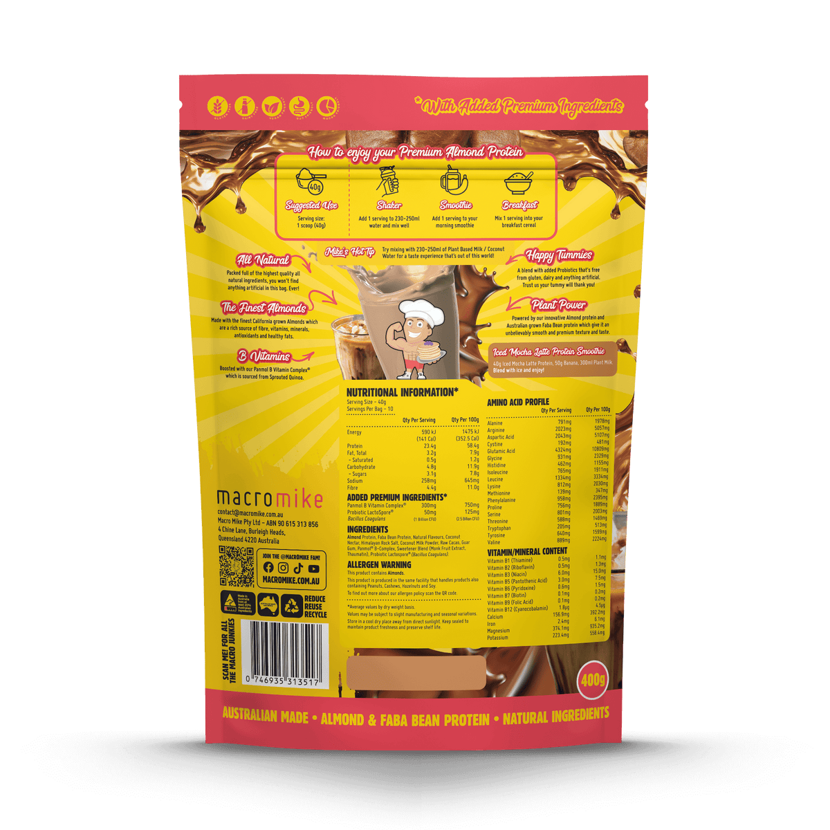Macro Mike Premium Almond Protein Iced Mocha supplement facts and nutrition panel