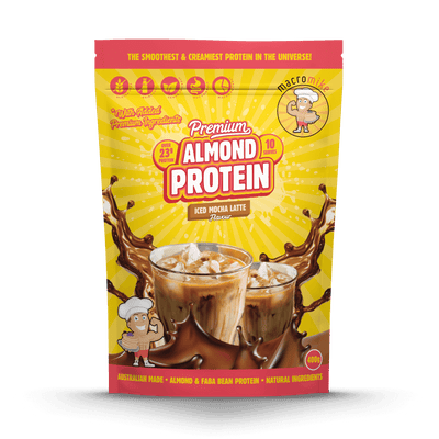 Macro Mike Premium Almond Protein Iced Mocha 400g protein powder, front, NZ Supps