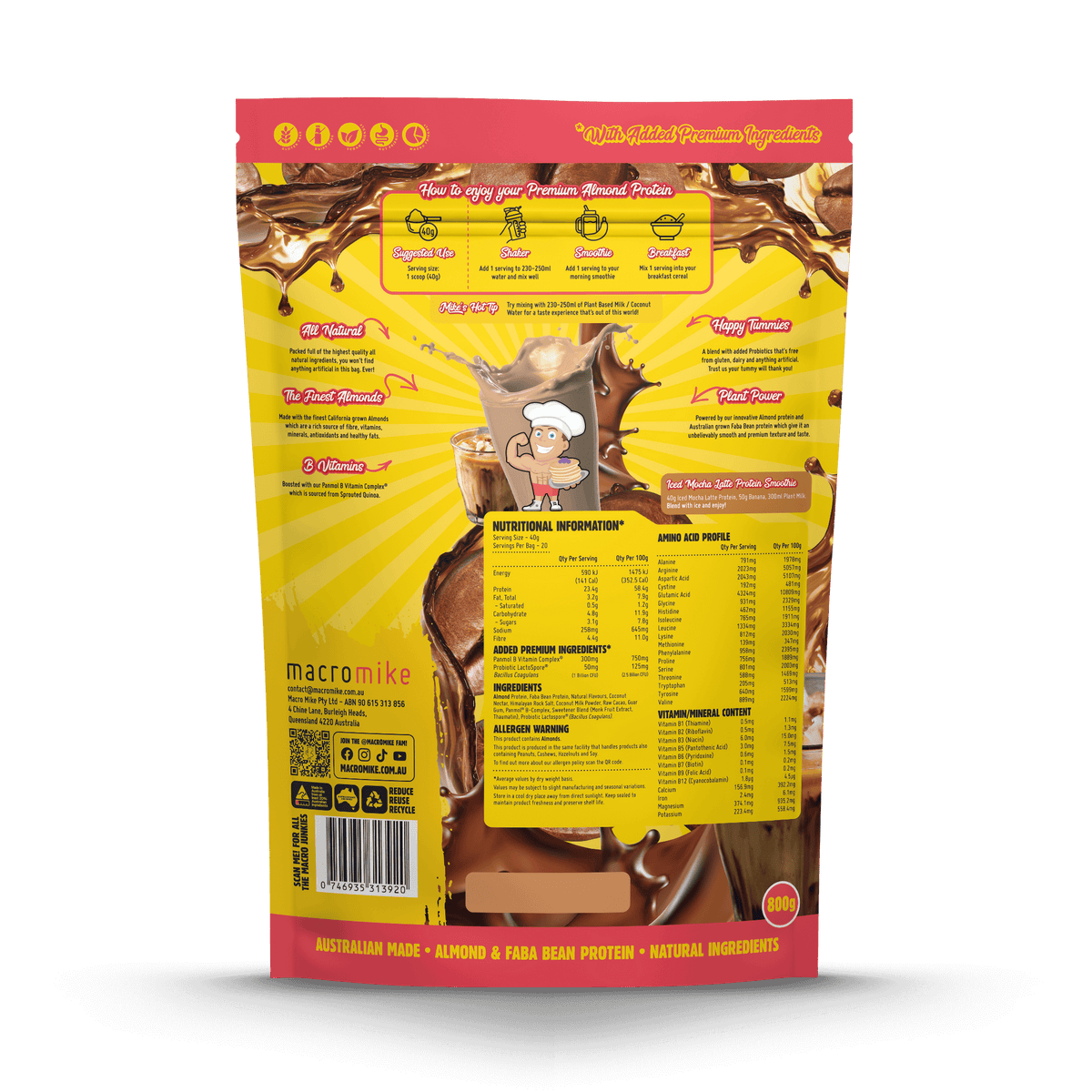 Macro Mike Premium Almond Protein Iced Mocha supplement facts and nutrition panel