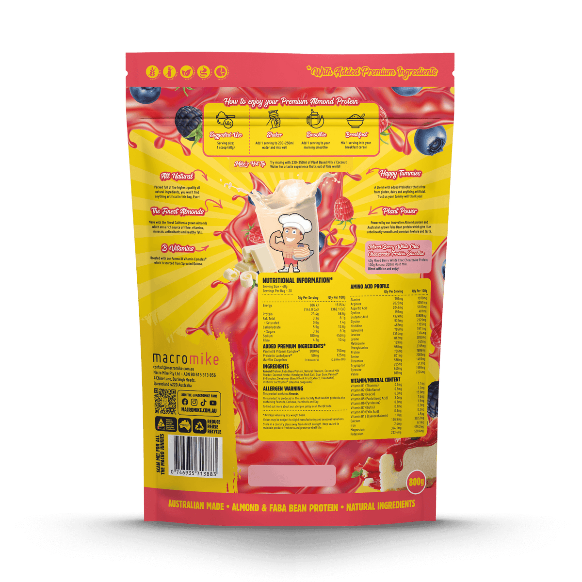 Macro Mike Premium Almond Protein Mixed Berry White Choc supplement facts and nutrition panel