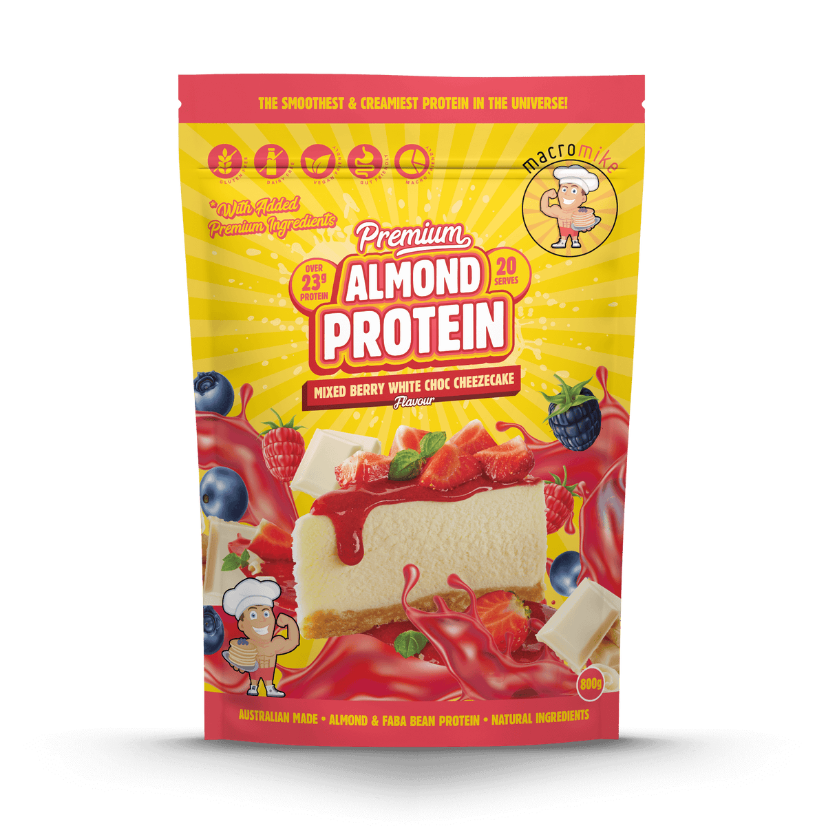 Macro Mike Premium Almond Protein Mixed Berry White Choc 800g front