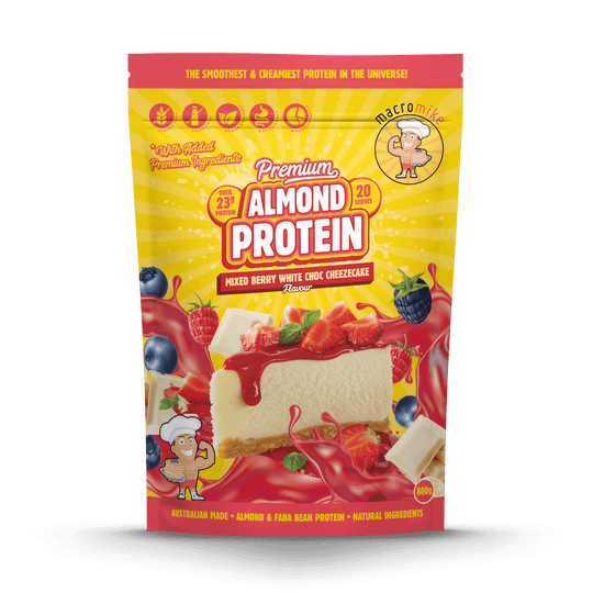 Macro Mike Premium Almond Protein Mixed Berry White Choc 800g front