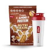 Macro Mike x Kellogg's Premium Almond Protein Nutri-Grain 800g front with shaker protein powder, NZ Supps