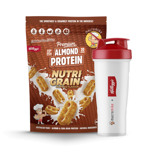 Macro Mike x Kellogg's Premium Almond Protein Nutri-Grain 800g front with shaker