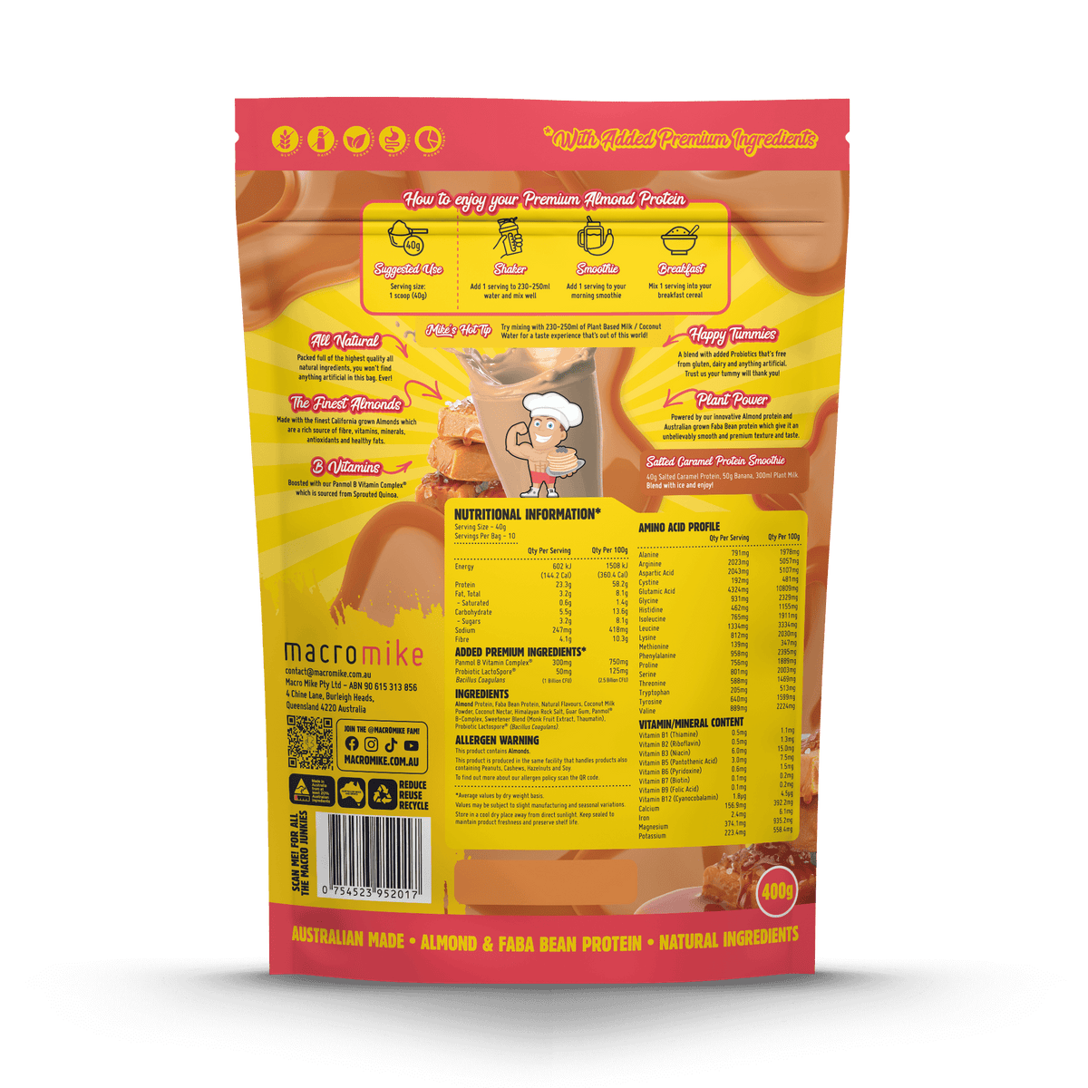 Macro Mike Premium Almond Protein Salted Caramel supplement facts and nutrition panel