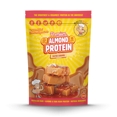 Macro Mike Premium Almond Protein Salted Caramel 400g protein powder, front, NZ Supps
