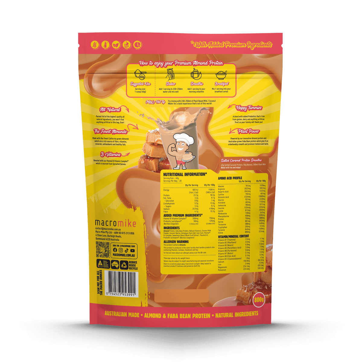 Macro Mike Premium Almond Protein Salted Caramel supplement facts and nutrition panel