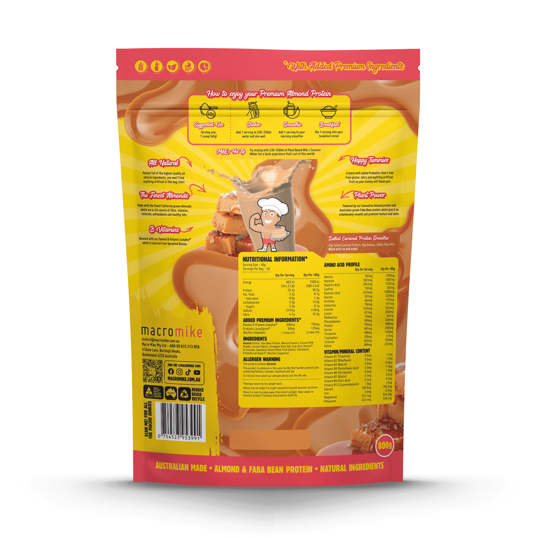 Macro Mike Premium Almond Protein Salted Caramel supplement facts and nutrition panel