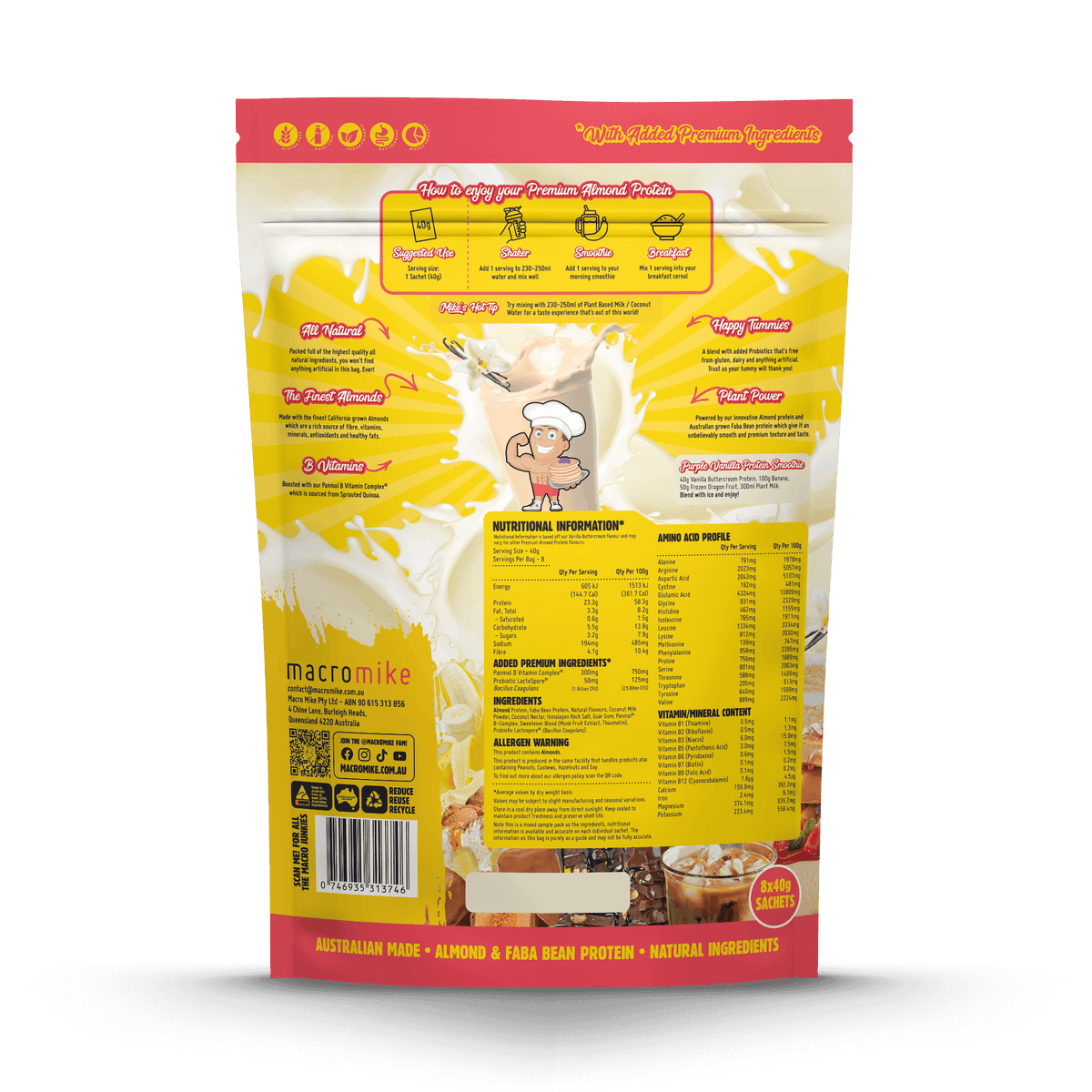 Macro Mike Premium Almond Protein Sample Pack 8x40g back