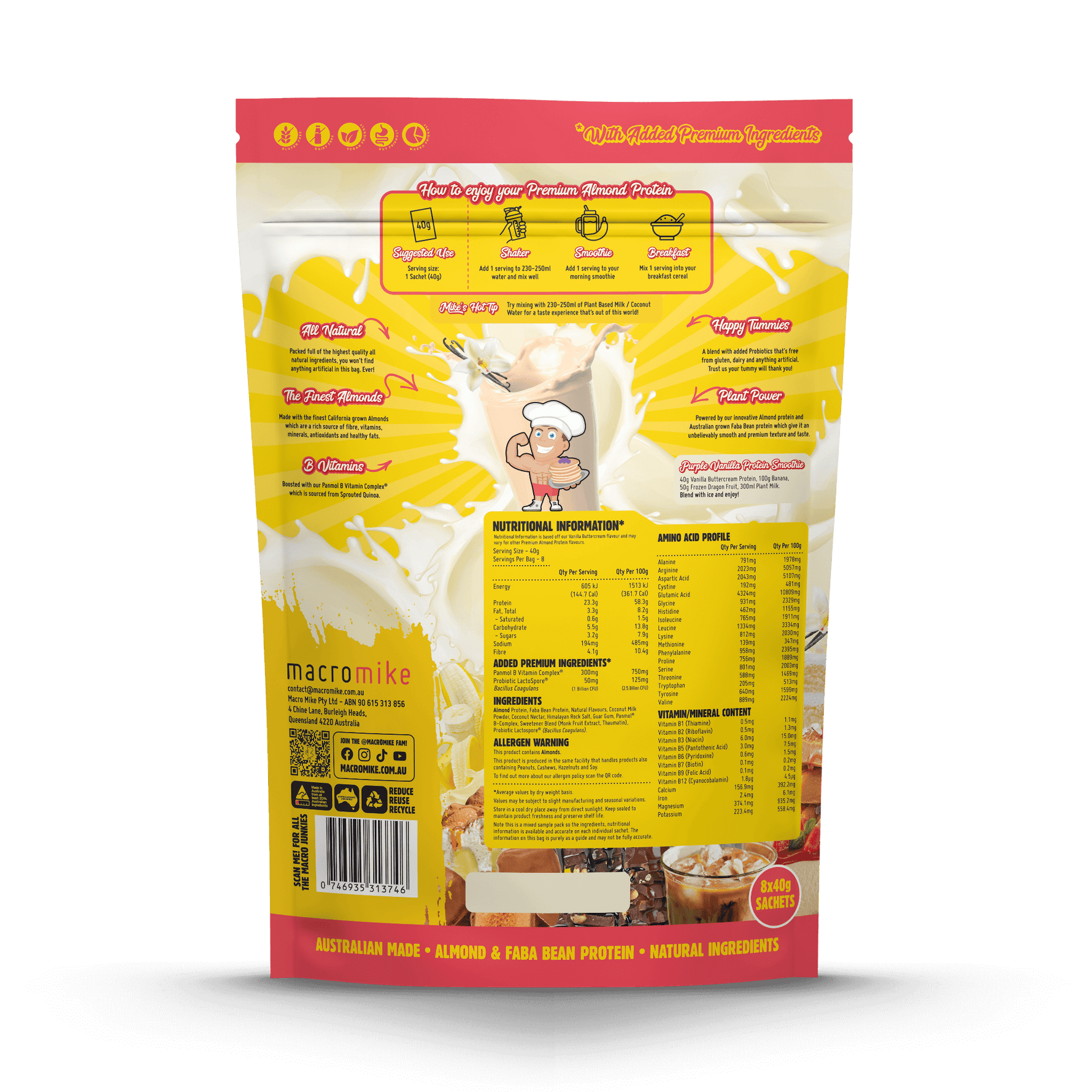Macro Mike Premium Almond Protein Sample Pack 8x40g back