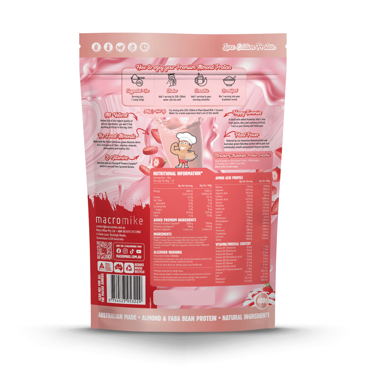 Macro Mike Luxe Almond Protein Strawberry Thickshake 400g back
