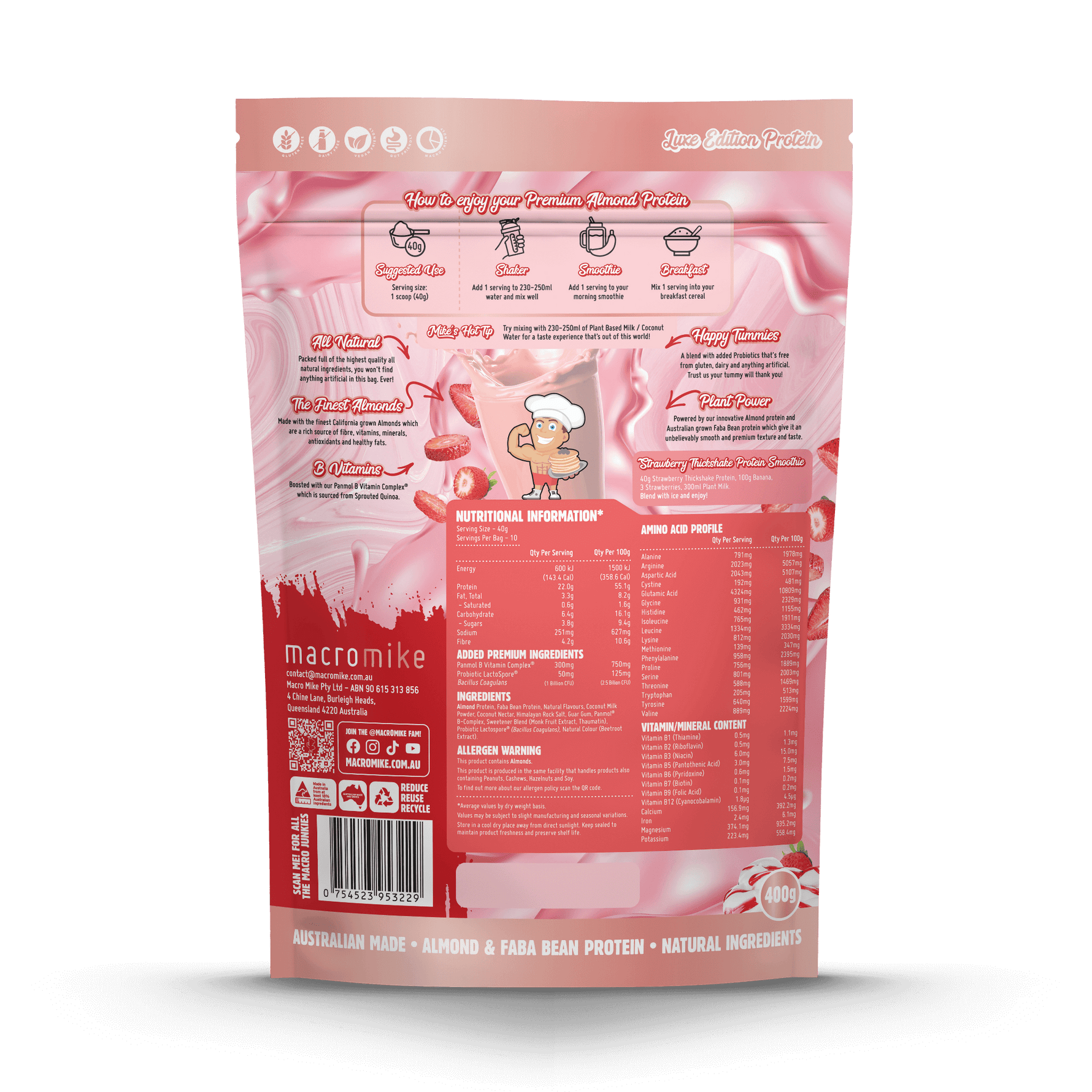 Macro Mike Luxe Almond Protein Strawberry Thickshake 400g back