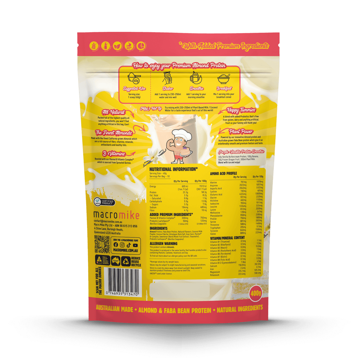 Macro Mike Premium Almond Protein Vanilla Buttercream supplement facts and nutrition panel