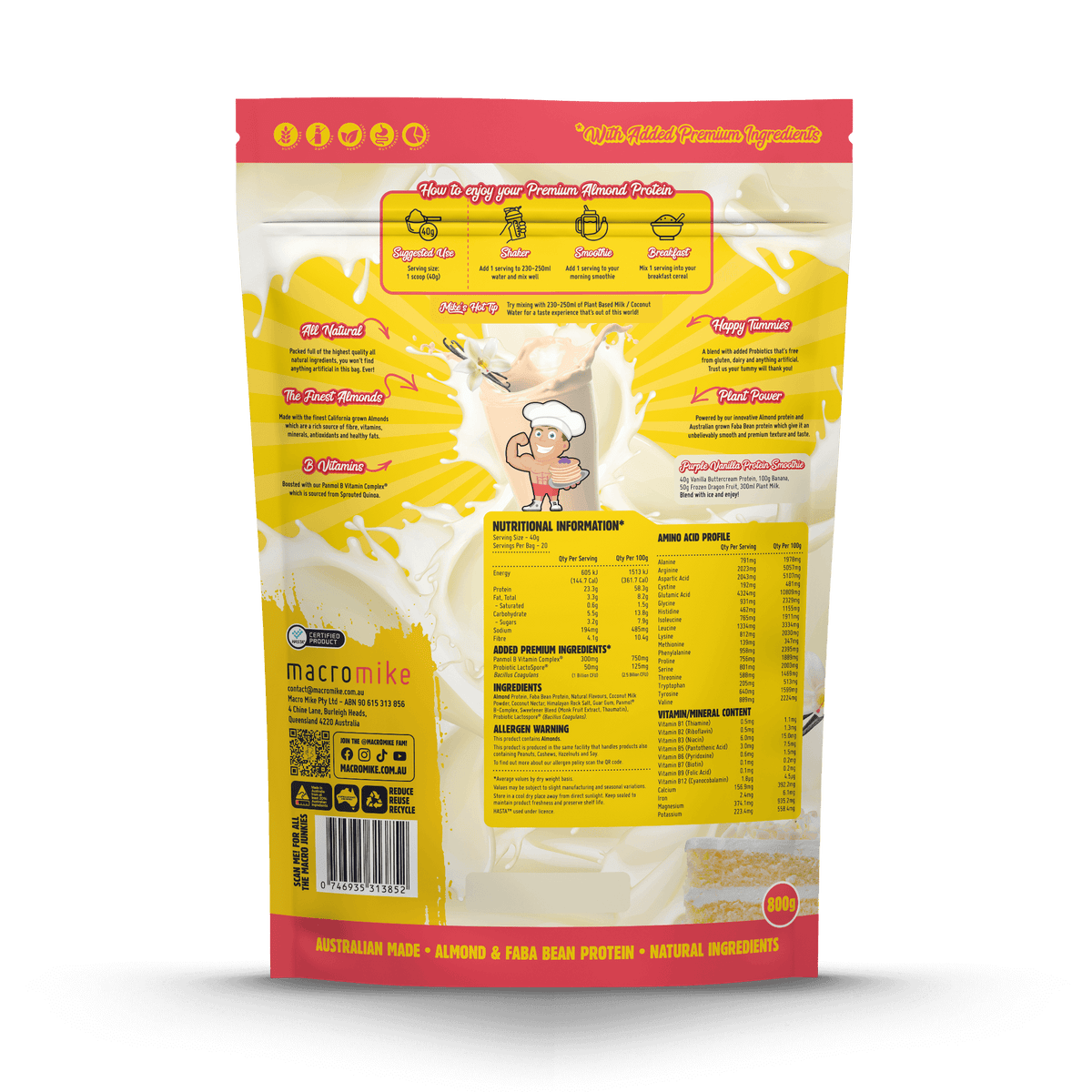 Macro Mike Premium Almond Protein Vanilla Buttercream supplement facts and nutrition panel