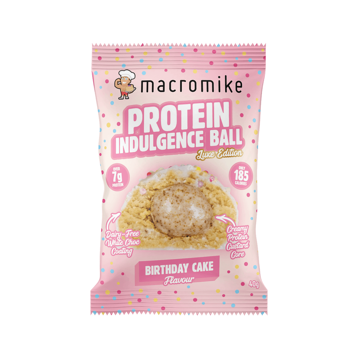 Macro Mike Protein Indulgence Ball Birthday Cake front pack