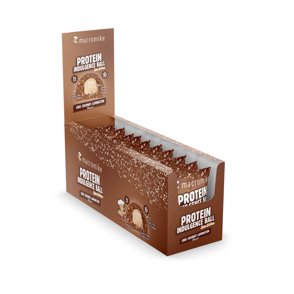 Macro Mike Protein Indulgence Ball Choc Coconut Lamington 12-pack carton