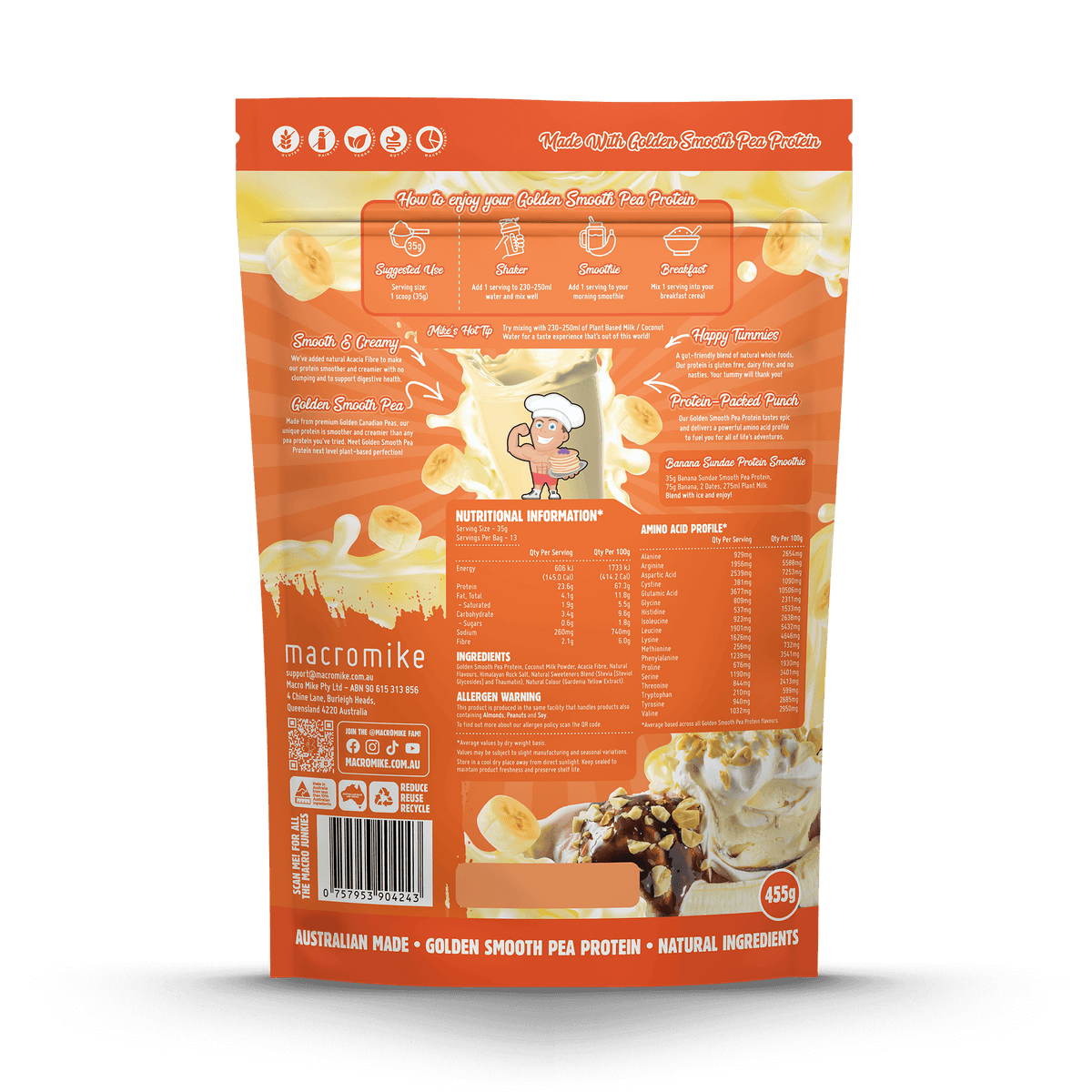 Macro Mike Golden Smooth Pea Protein Banana Sundae 455g back