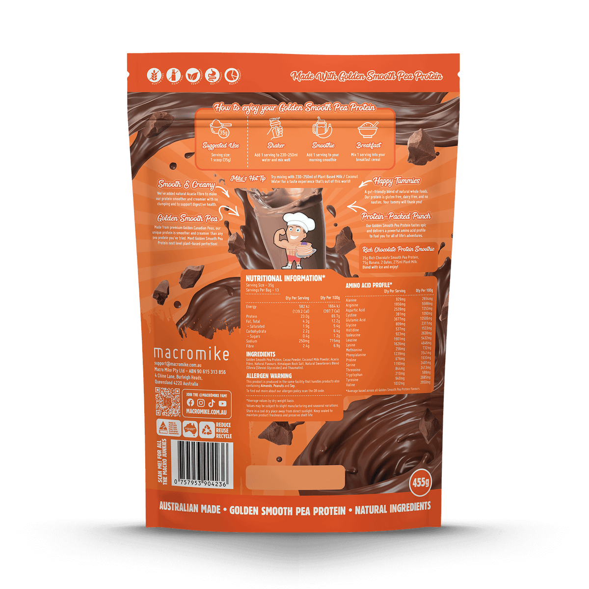 Macro Mike Golden Smooth Pea Protein Rich Chocolate 455g back