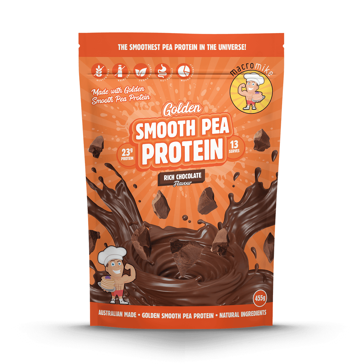 Macro Mike Golden Smooth Pea Protein Rich Chocolate 455g front