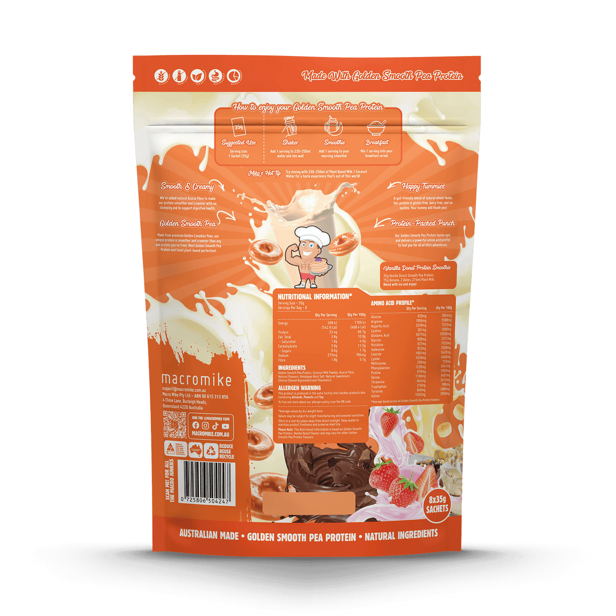 Macro Mike Golden Smooth Pea Protein Sample Pack 8 x 35g back and nutrition panel