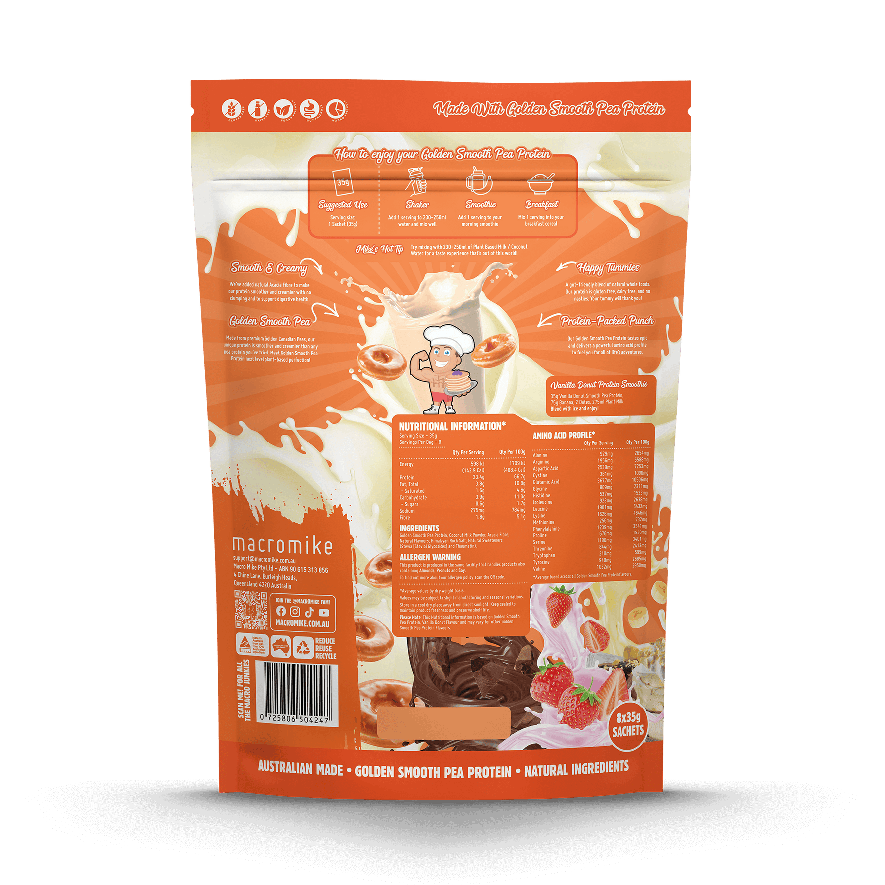 Macro Mike Golden Smooth Pea Protein Sample Pack 8 x 35g back and nutrition panel