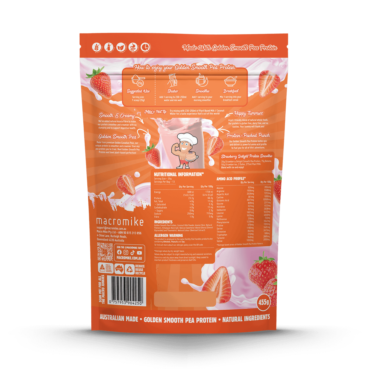 Macro Mike Golden Smooth Pea Protein Strawberry Delight 455g back