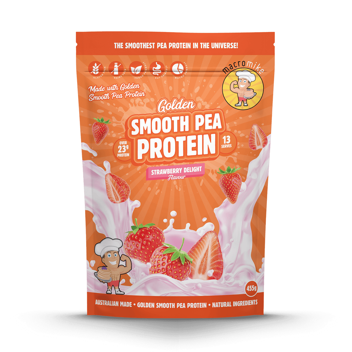 Macro Mike Golden Smooth Pea Protein Strawberry Delight 455g front