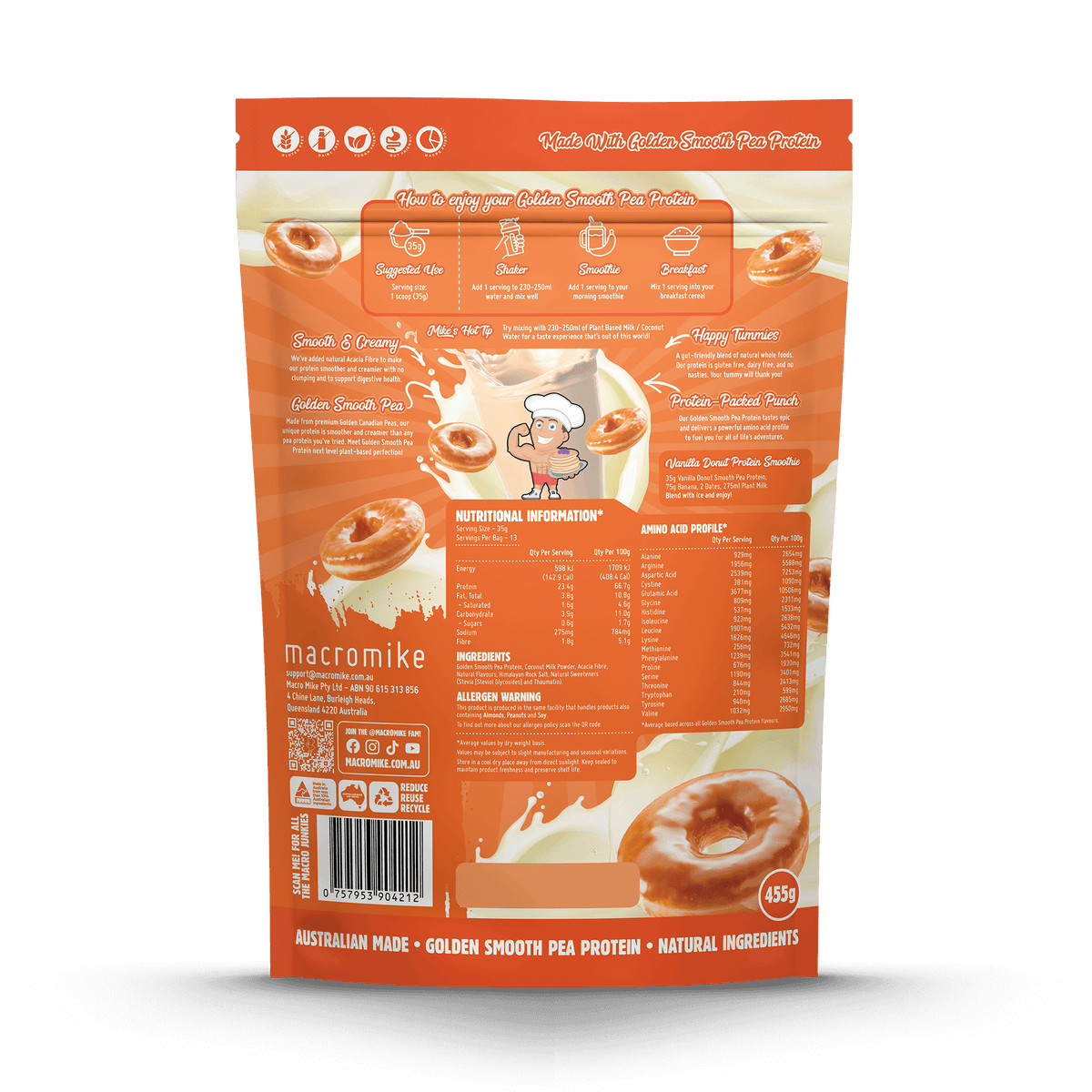 Macro Mike Golden Smooth Pea Protein Vanilla Donut 455g back
