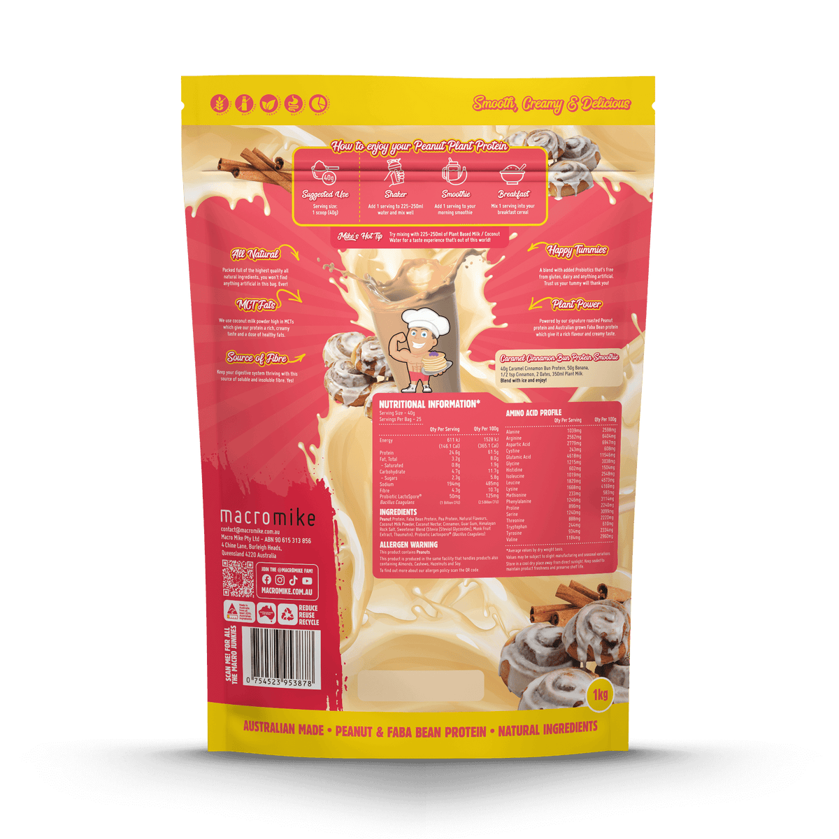 Macro Mike Peanut Plant Protein Caramel Cinnamon Bun 1kg supplement facts and nutrition panel