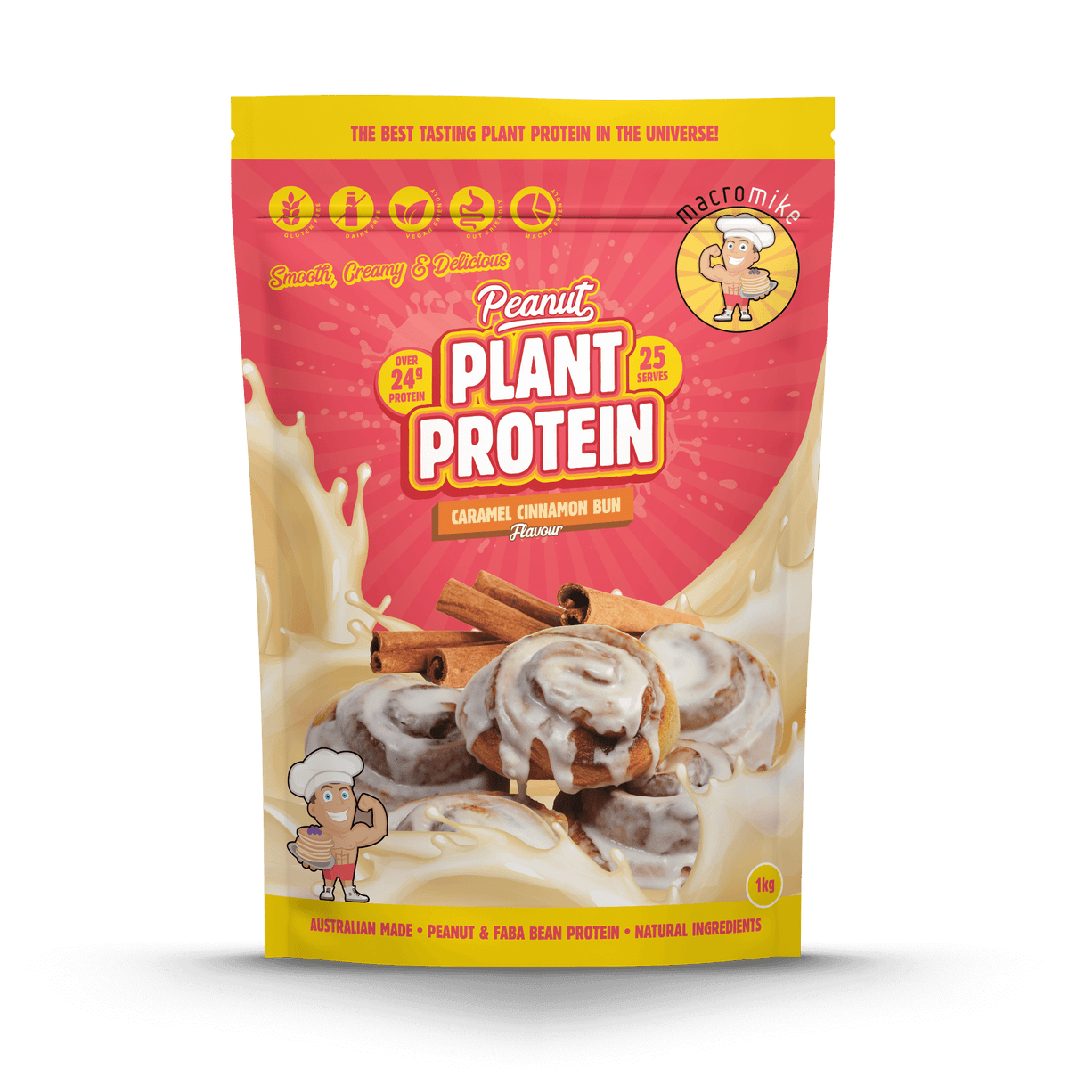 Macro Mike Peanut Plant Protein Caramel Cinnamon Bun 1kg protein powder, front, NZ Supps