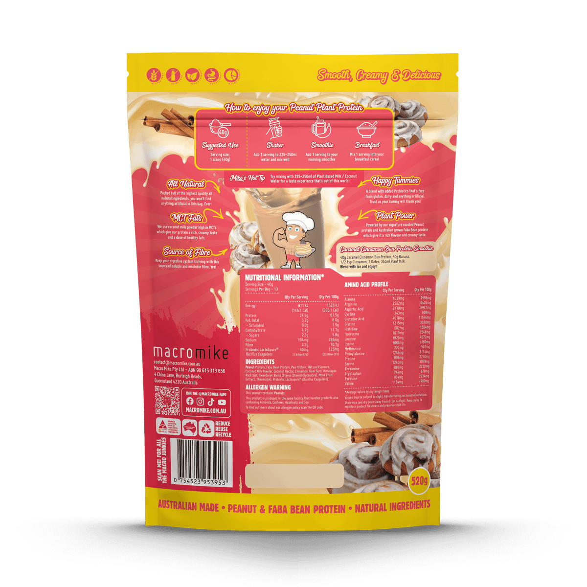 Macro Mike Peanut Plant Protein Caramel Cinnamon Bun 520g supplement facts and nutrition panel