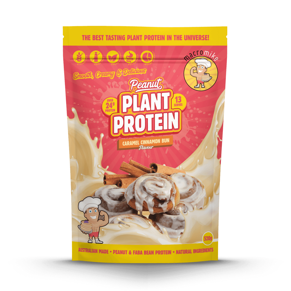 Macro Mike Peanut Plant Protein Caramel Cinnamon Bun 520g protein powder, front, NZ Supps