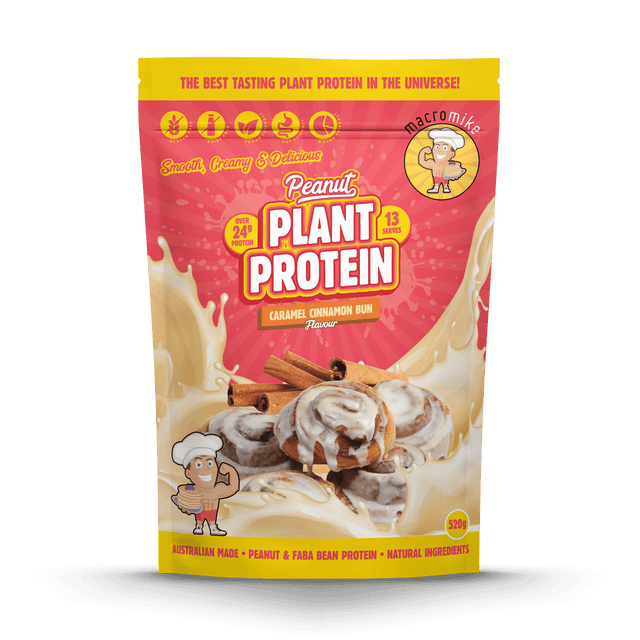 Macro Mike Peanut Plant Protein Caramel Cinnamon Bun 520g protein powder, front, NZ Supps