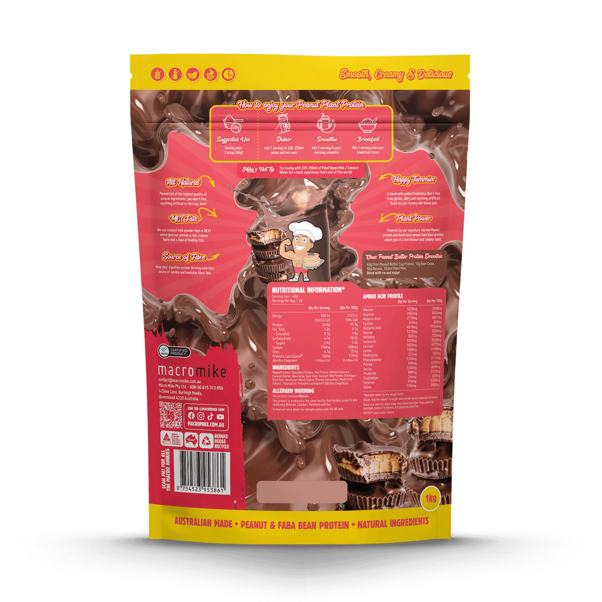 Macro Mike Peanut Plant Protein Chocolate Peanut Butter Cup 1kg supplement facts and nutrition panel