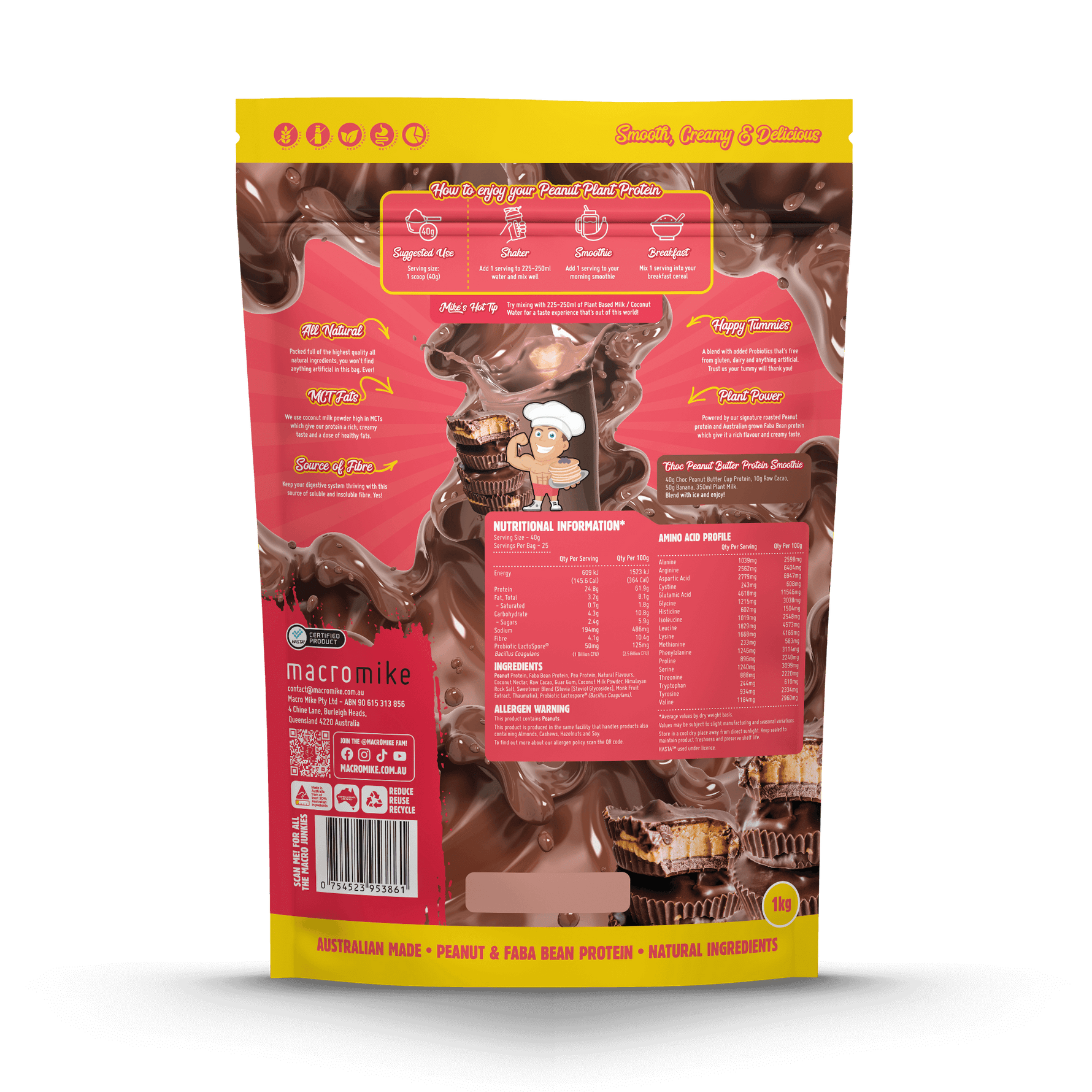 Macro Mike Peanut Plant Protein Chocolate Peanut Butter Cup 1kg supplement facts and nutrition panel
