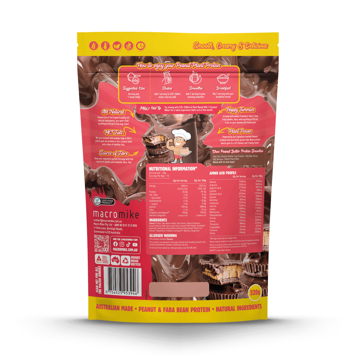 Macro Mike Peanut Plant Protein Chocolate Peanut Butter Cup 520g supplement facts and nutrition panel