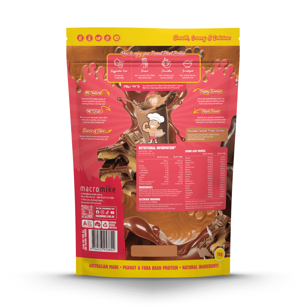 Macro Mike Peanut Plant Protein Chocolate Caramel 1kg supplement facts and nutrition panel