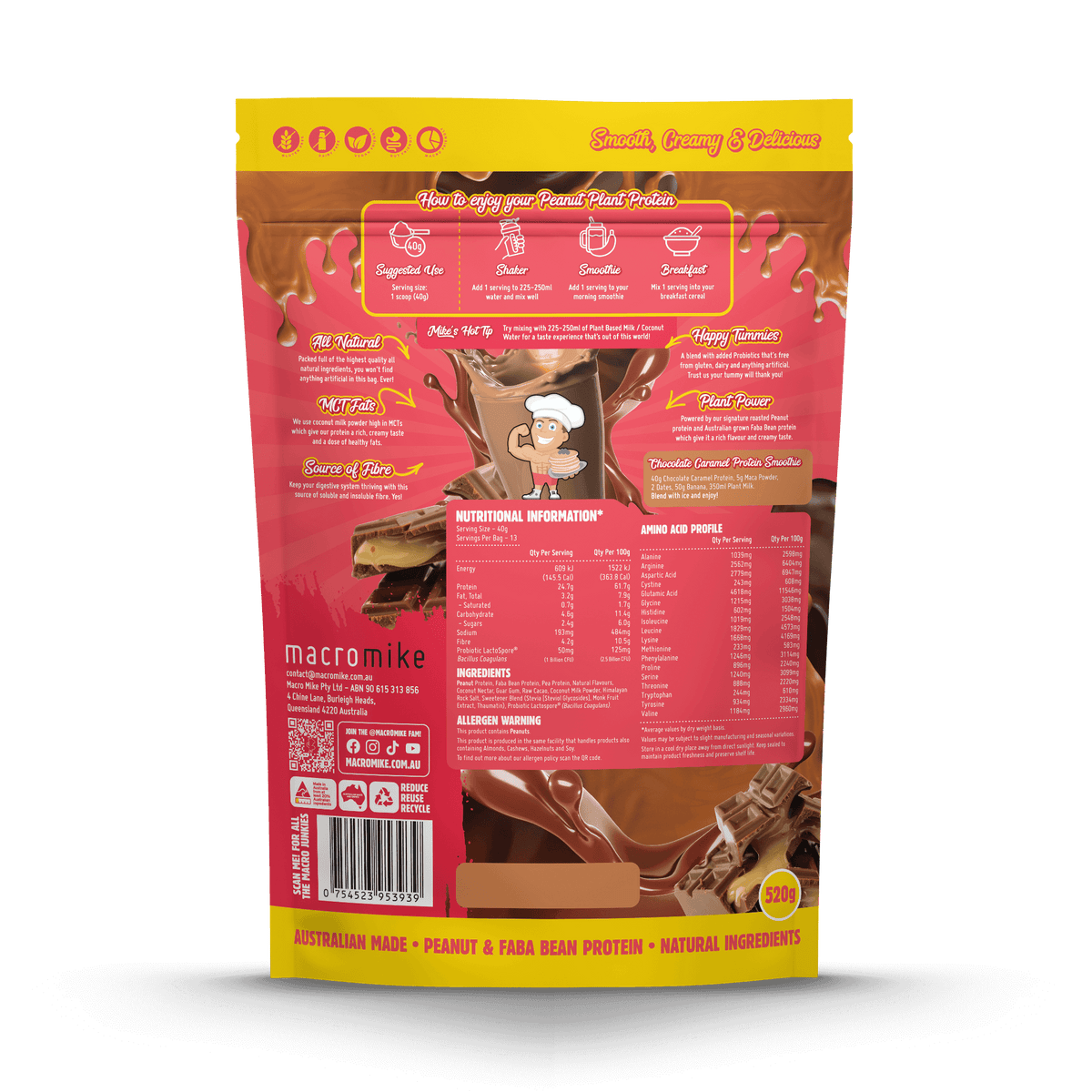 Macro Mike Peanut Plant Protein Chocolate Caramel 520g supplement facts and nutrition panel