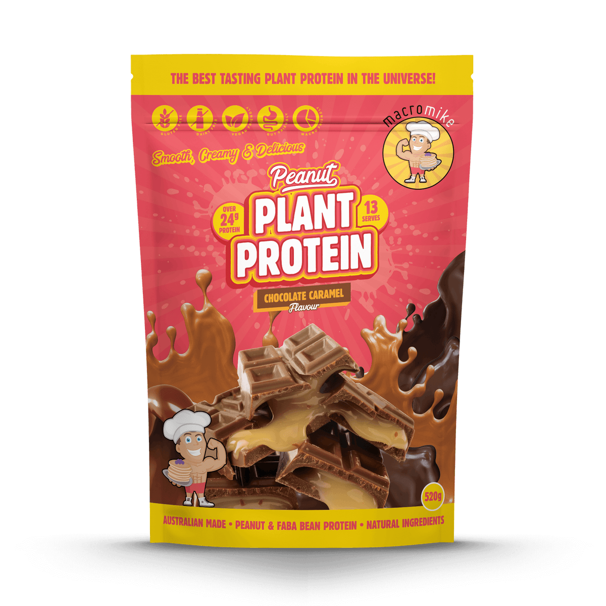 Macro Mike Peanut Plant Protein Chocolate Caramel 520g protein powder, front, NZ Supps