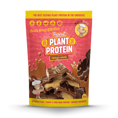 Macro Mike Peanut Plant Protein Chocolate Caramel 520g protein powder, front, NZ Supps