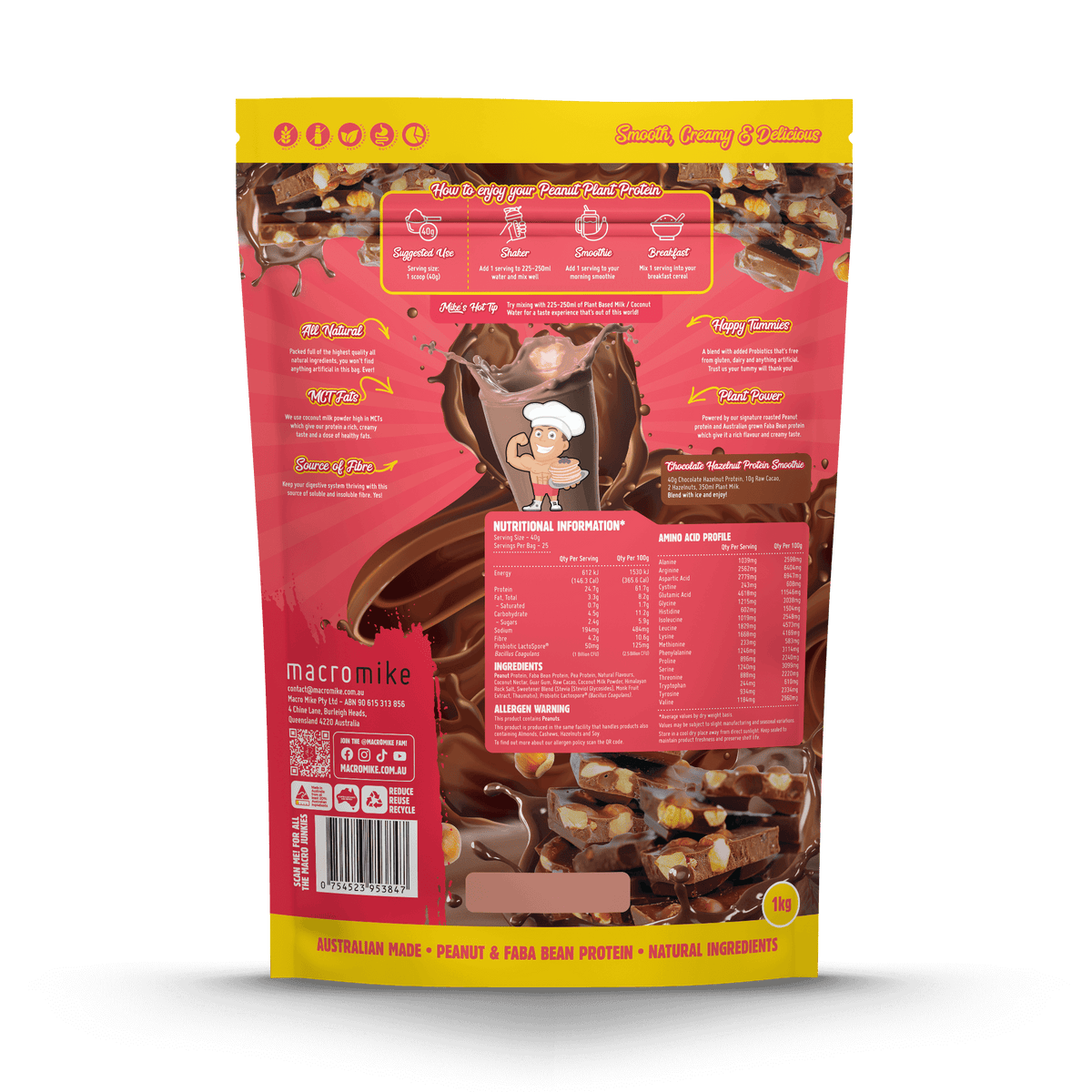 Macro Mike Peanut Plant Protein Chocolate Hazelnut 1kg supplement facts and nutrition panel