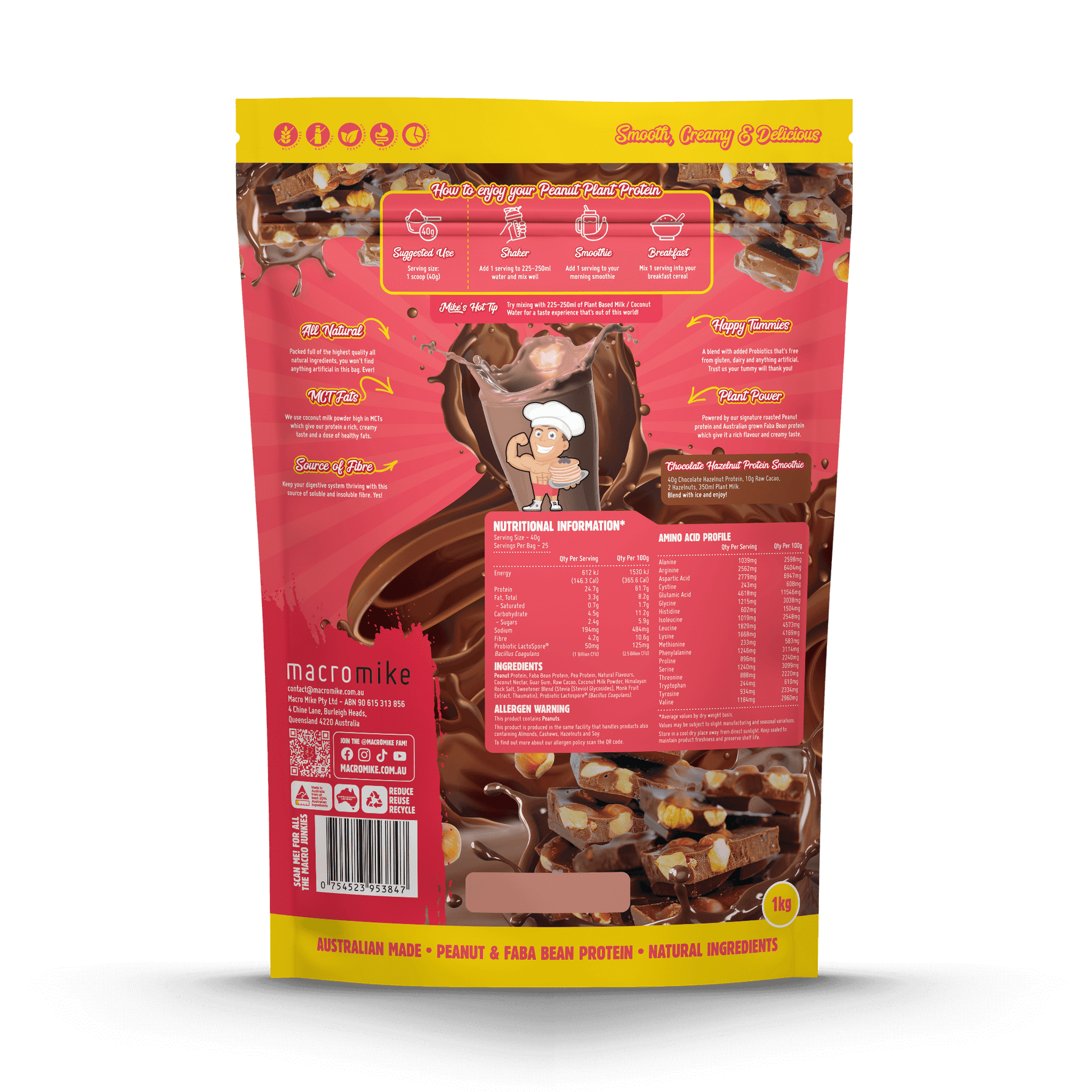 Macro Mike Peanut Plant Protein Chocolate Hazelnut 1kg supplement facts and nutrition panel