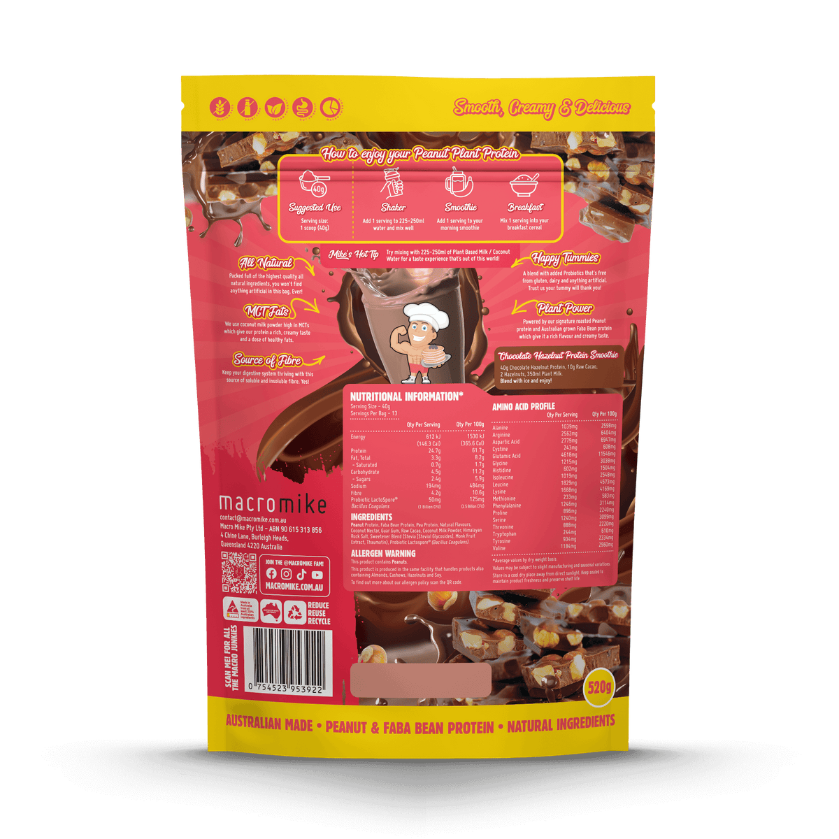 Macro Mike Peanut Plant Protein Chocolate Hazelnut 520g supplement facts and nutrition panel
