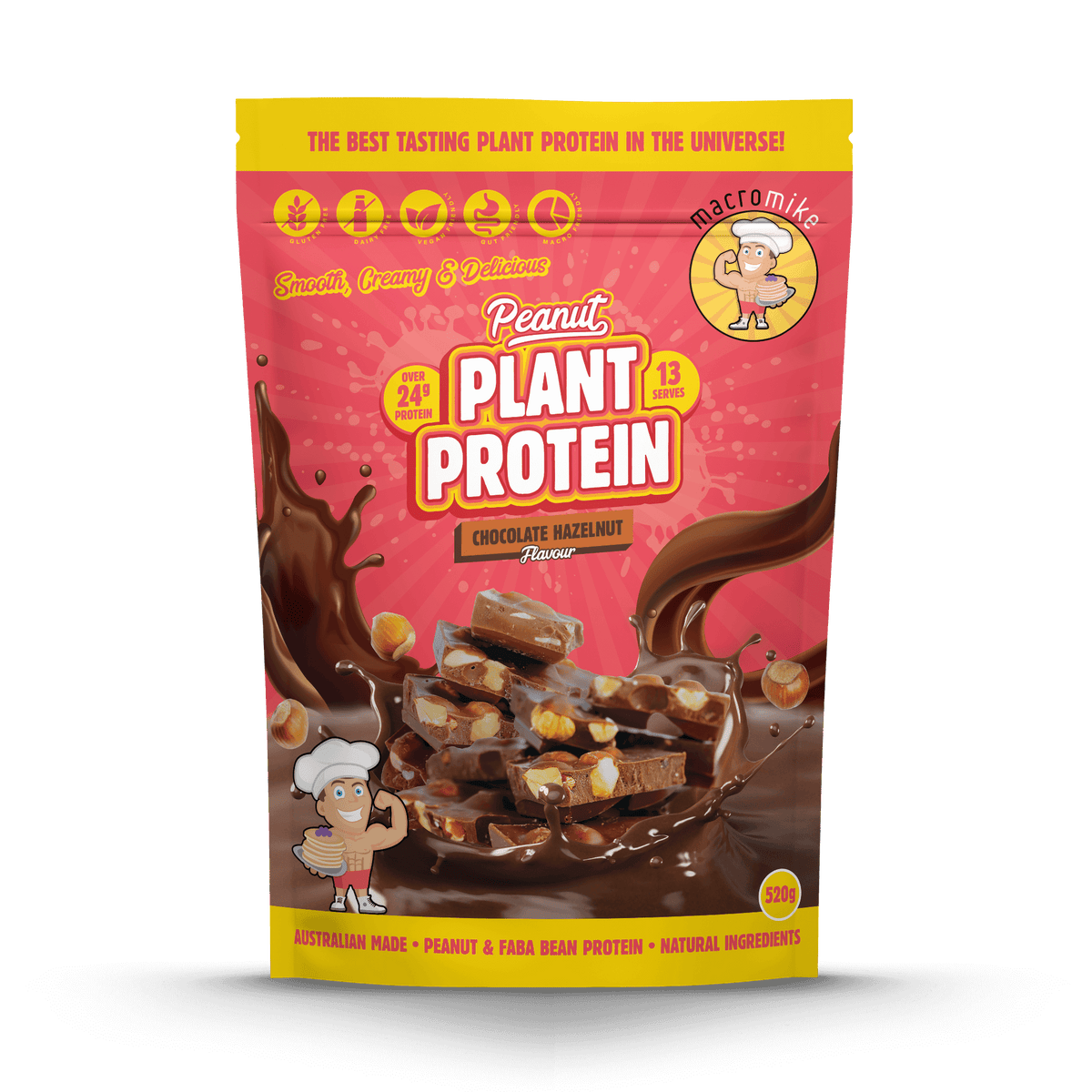 Macro Mike Peanut Plant Protein Chocolate Hazelnut 520g protein powder, front, NZ Supps
