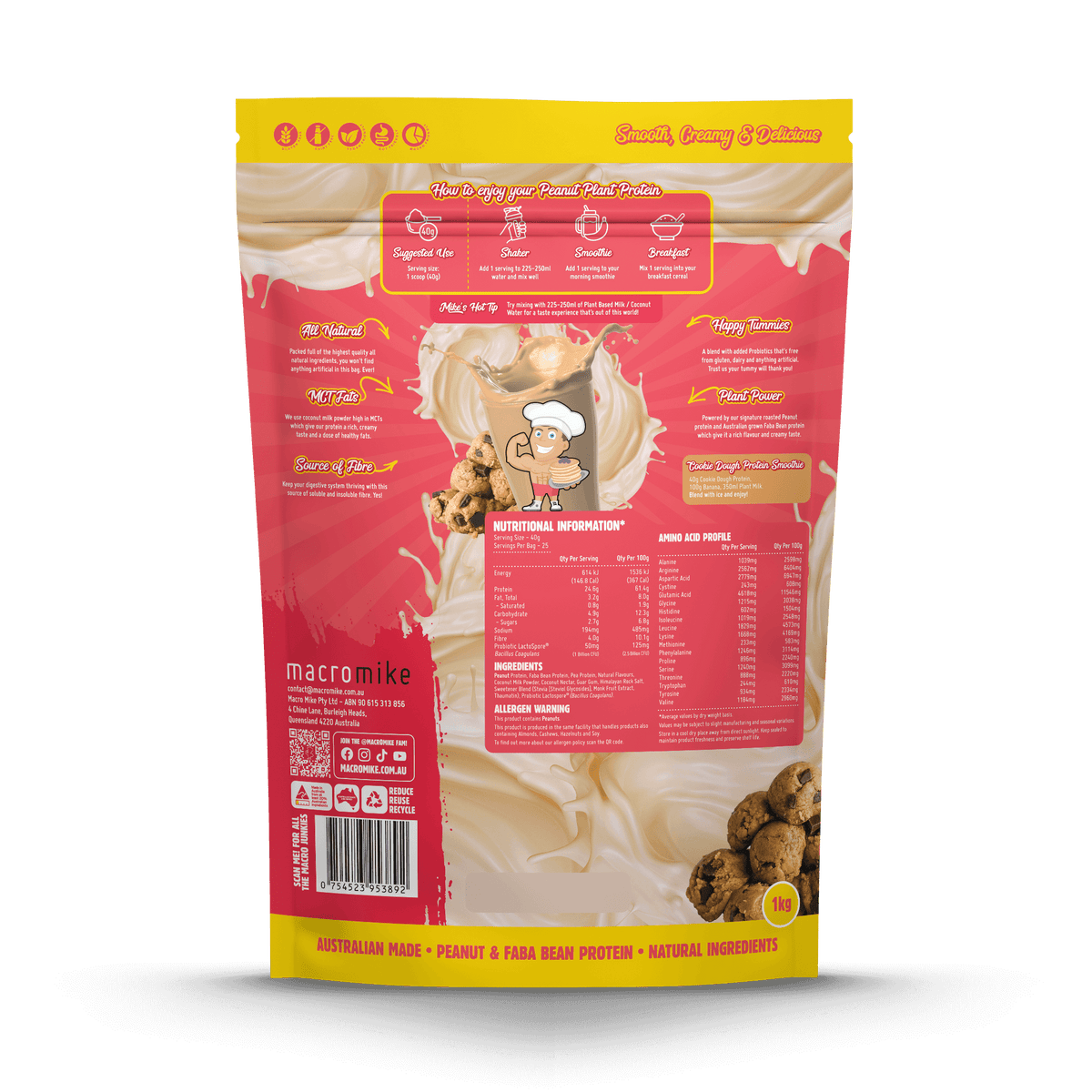 Macro Mike Peanut Plant Protein Cookie Dough 1kg supplement facts and nutrition panel